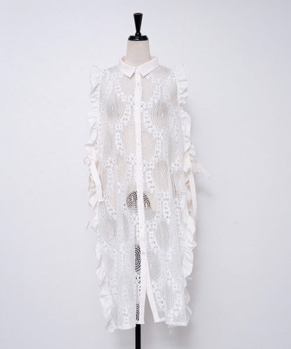 サイドリボン レースベスト ロングベスト ジレ 総レース フリル ゆったり レイヤード 春 夏