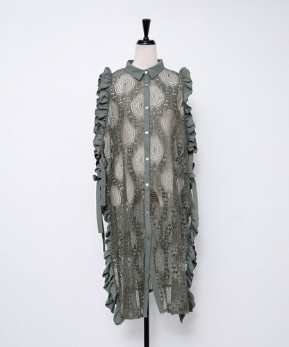 サイドリボン レースベスト ロングベスト ジレ 総レース フリル ゆったり レイヤード 春 夏