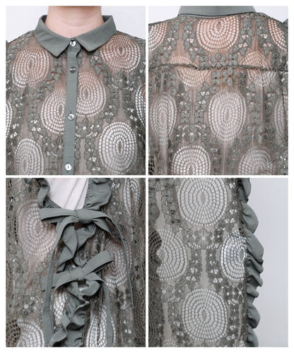 サイドリボン レースベスト ロングベスト ジレ 総レース フリル ゆったり レイヤード 春 夏