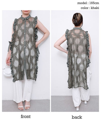 サイドリボン レースベスト ロングベスト ジレ 総レース フリル ゆったり レイヤード 春 夏