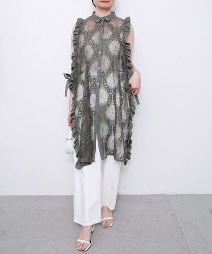 サイドリボン レースベスト ロングベスト ジレ 総レース フリル ゆったり レイヤード 春 夏