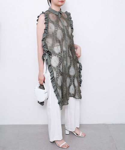 サイドリボン レースベスト ロングベスト ジレ 総レース フリル ゆったり レイヤード 春 夏