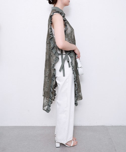 サイドリボン レースベスト ロングベスト ジレ 総レース フリル ゆったり レイヤード 春 夏