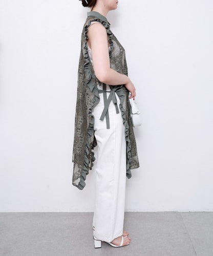 サイドリボン レースベスト ロングベスト ジレ 総レース フリル ゆったり レイヤード 春 夏