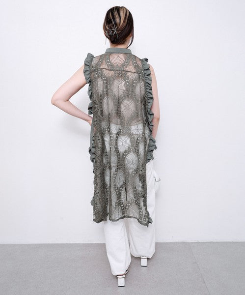 サイドリボン レースベスト ロングベスト ジレ 総レース フリル ゆったり レイヤード 春 夏