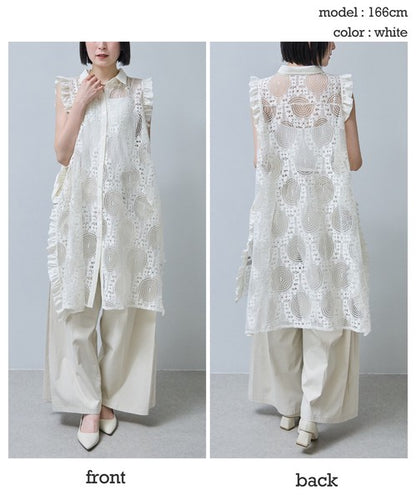 サイドリボン レースベスト ロングベスト ジレ 総レース フリル ゆったり レイヤード 春 夏