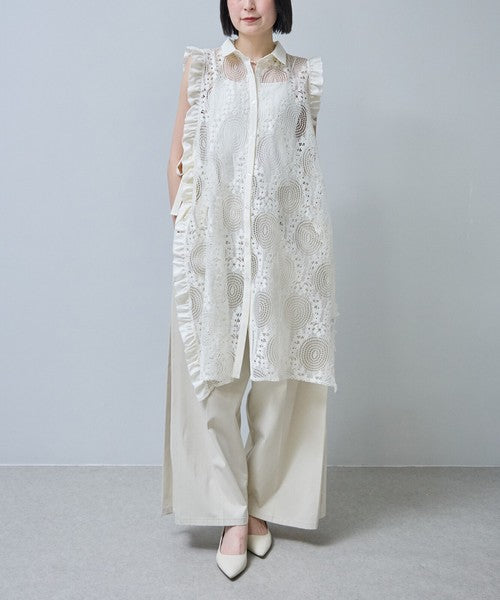 サイドリボン レースベスト ロングベスト ジレ 総レース フリル ゆったり レイヤード 春 夏