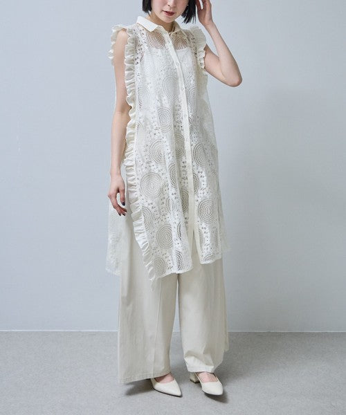 サイドリボン レースベスト ロングベスト ジレ 総レース フリル ゆったり レイヤード 春 夏