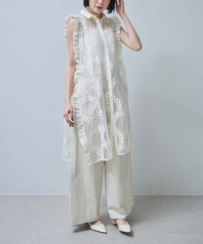 サイドリボン レースベスト ロングベスト ジレ 総レース フリル ゆったり レイヤード 春 夏