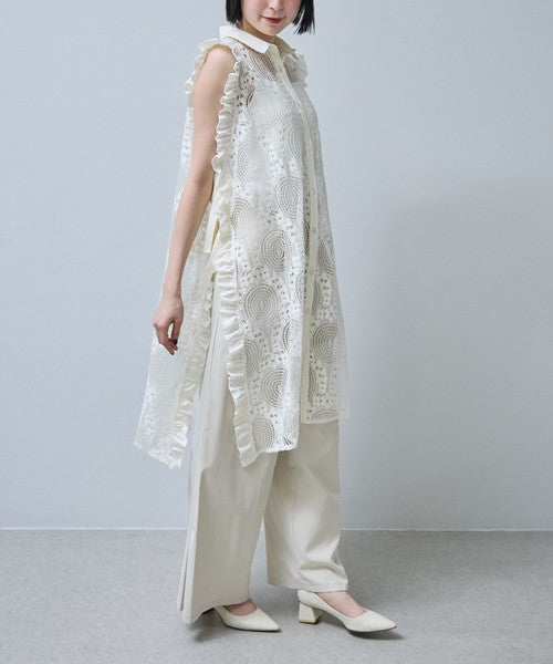 サイドリボン レースベスト ロングベスト ジレ 総レース フリル ゆったり レイヤード 春 夏