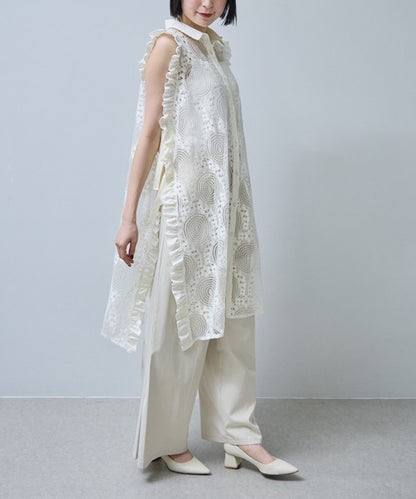 サイドリボン レースベスト ロングベスト ジレ 総レース フリル ゆったり レイヤード 春 夏