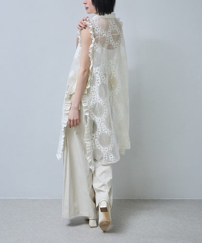 サイドリボン レースベスト ロングベスト ジレ 総レース フリル ゆったり レイヤード 春 夏