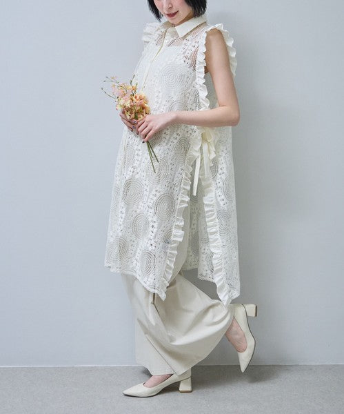 サイドリボン レースベスト ロングベスト ジレ 総レース フリル ゆったり レイヤード 春 夏