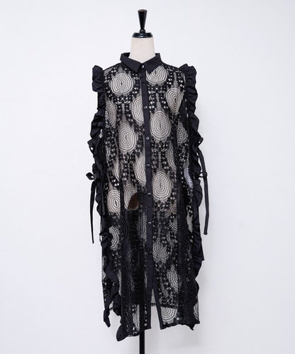 サイドリボン レースベスト ロングベスト ジレ 総レース フリル ゆったり レイヤード 春 夏