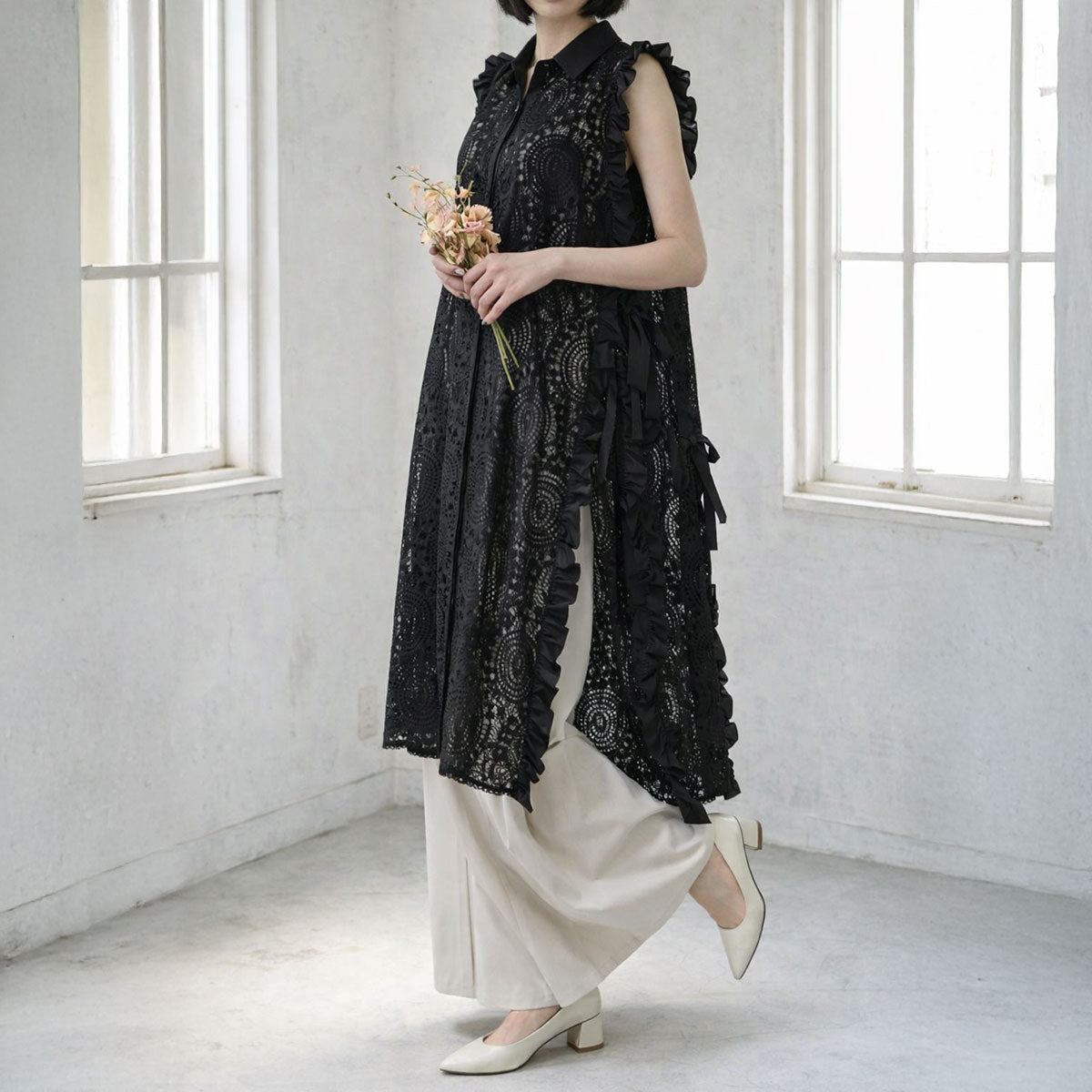 サイドリボン レースベスト ロングベスト ジレ 総レース フリル ゆったり レイヤード 春 夏