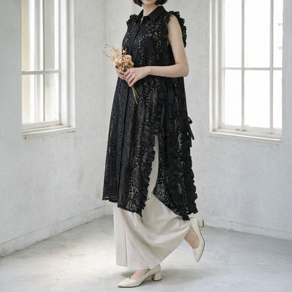 サイドリボン レースベスト ロングベスト ジレ 総レース フリル ゆったり レイヤード 春 夏