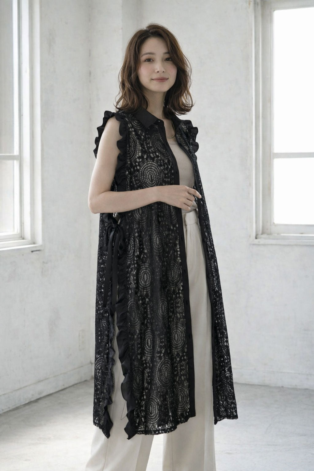 サイドリボン レースベスト ロングベスト ジレ 総レース フリル ゆったり レイヤード 春 夏