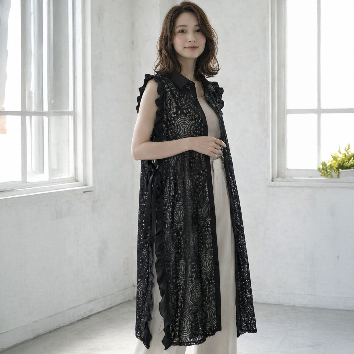サイドリボン レースベスト ロングベスト ジレ 総レース フリル ゆったり レイヤード 春 夏