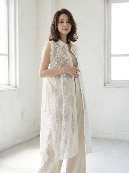 サイドリボン レースベスト ロングベスト ジレ 総レース フリル ゆったり レイヤード 春 夏