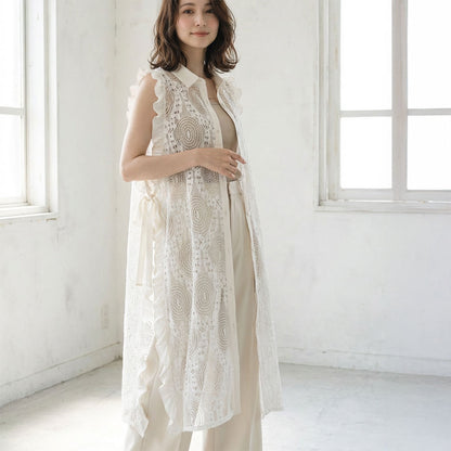 サイドリボン レースベスト ロングベスト ジレ 総レース フリル ゆったり レイヤード 春 夏