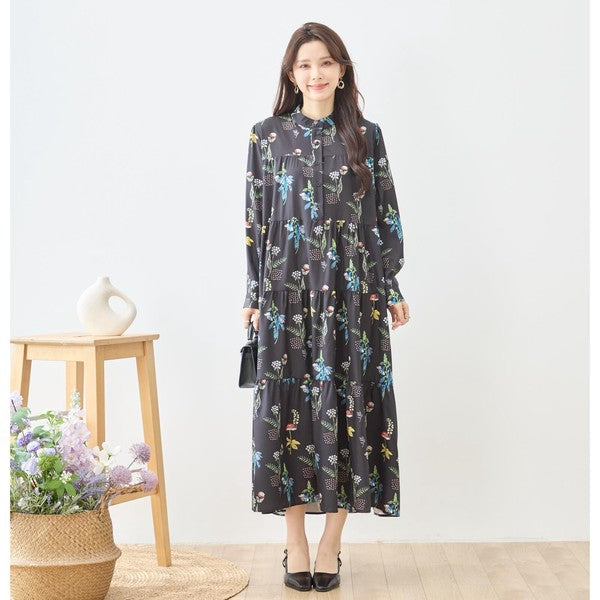 ボタニカルプリント ティアードワンピース 長袖 フロントボタン 花柄 ロング丈 きれいめ 大人カジュアル