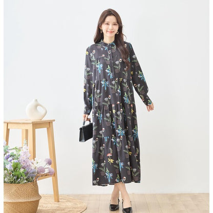 ボタニカルプリント ティアードワンピース 長袖 フロントボタン 花柄 ロング丈 きれいめ 大人カジュアル