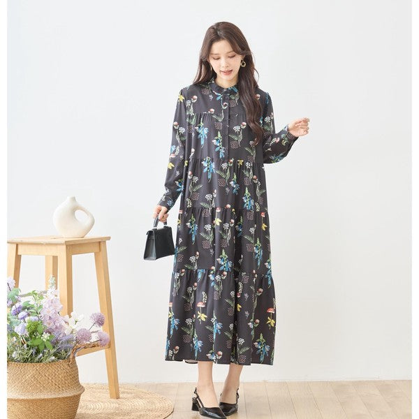 ボタニカルプリント ティアードワンピース 長袖 フロントボタン 花柄 ロング丈 きれいめ 大人カジュアル