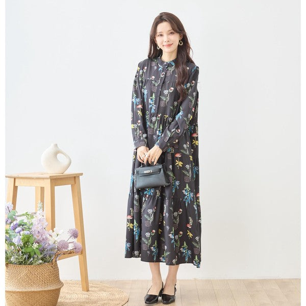 ボタニカルプリント ティアードワンピース 長袖 フロントボタン 花柄 ロング丈 きれいめ 大人カジュアル
