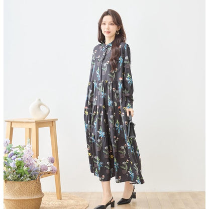 ボタニカルプリント ティアードワンピース 長袖 フロントボタン 花柄 ロング丈 きれいめ 大人カジュアル
