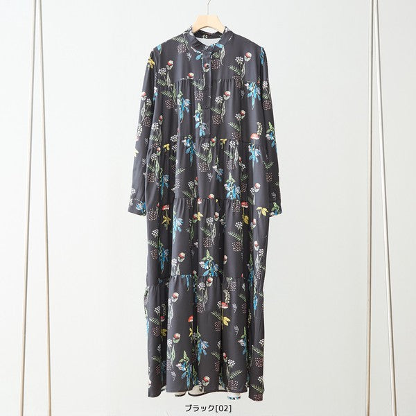 ボタニカルプリント ティアードワンピース 長袖 フロントボタン 花柄 ロング丈 きれいめ 大人カジュアル