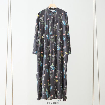ボタニカルプリント ティアードワンピース 長袖 フロントボタン 花柄 ロング丈 きれいめ 大人カジュアル