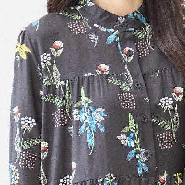 ボタニカルプリント ティアードワンピース 長袖 フロントボタン 花柄 ロング丈 きれいめ 大人カジュアル