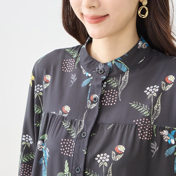 ボタニカルプリント ティアードワンピース 長袖 フロントボタン 花柄 ロング丈 きれいめ 大人カジュアル
