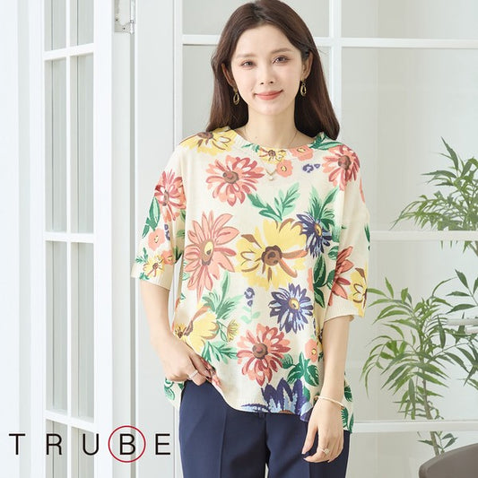 フラワー プリント サマーニット トップス 半袖 大花柄 ボタニカル レーヨン混 ゆったり 春夏