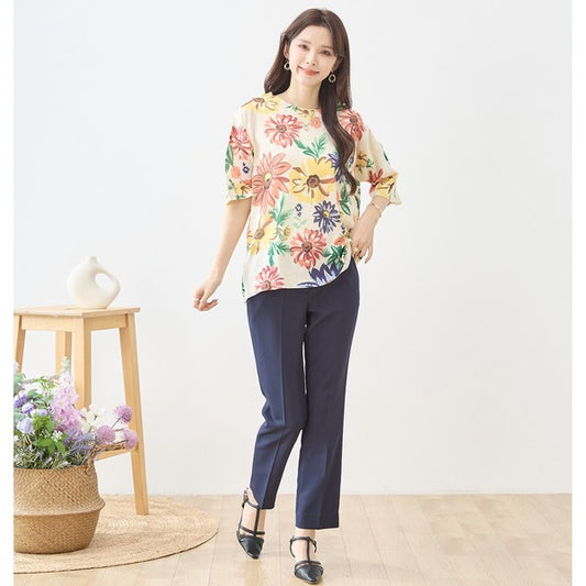 フラワー プリント サマーニット トップス 半袖 大花柄 ボタニカル レーヨン混 ゆったり 春夏