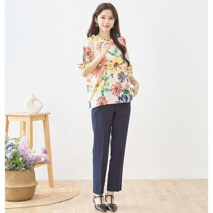 フラワー プリント サマーニット トップス 半袖 大花柄 ボタニカル レーヨン混 ゆったり 春夏