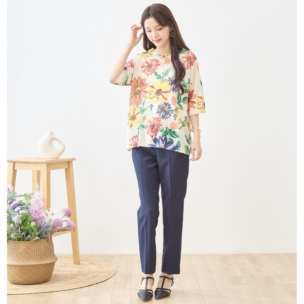フラワー プリント サマーニット トップス 半袖 大花柄 ボタニカル レーヨン混 ゆったり 春夏