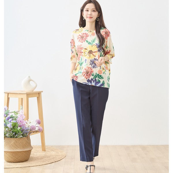 フラワー プリント サマーニット トップス 半袖 大花柄 ボタニカル レーヨン混 ゆったり 春夏