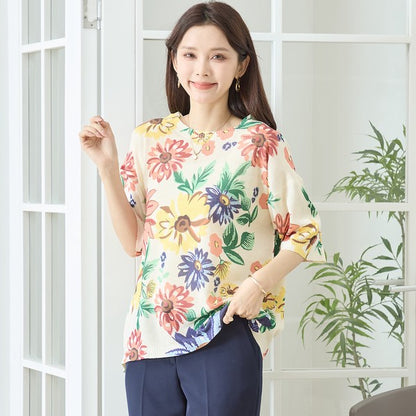 フラワー プリント サマーニット トップス 半袖 大花柄 ボタニカル レーヨン混 ゆったり 春夏