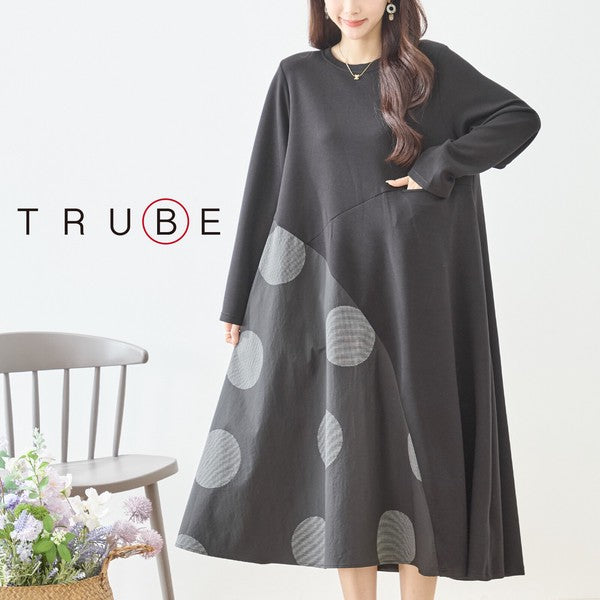 アシンメトリー ドット柄 切替ワンピース 長袖 フレア ゆったり 体型カバー