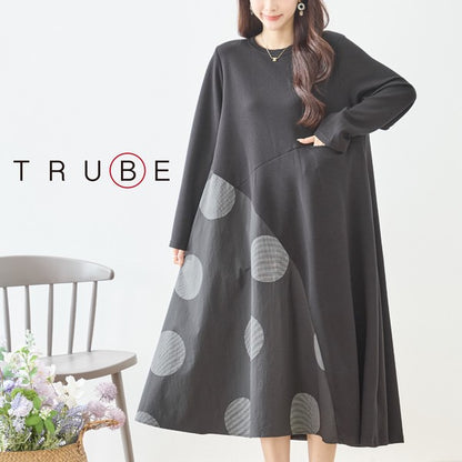 アシンメトリー ドット柄 切替ワンピース 長袖 フレア ゆったり 体型カバー