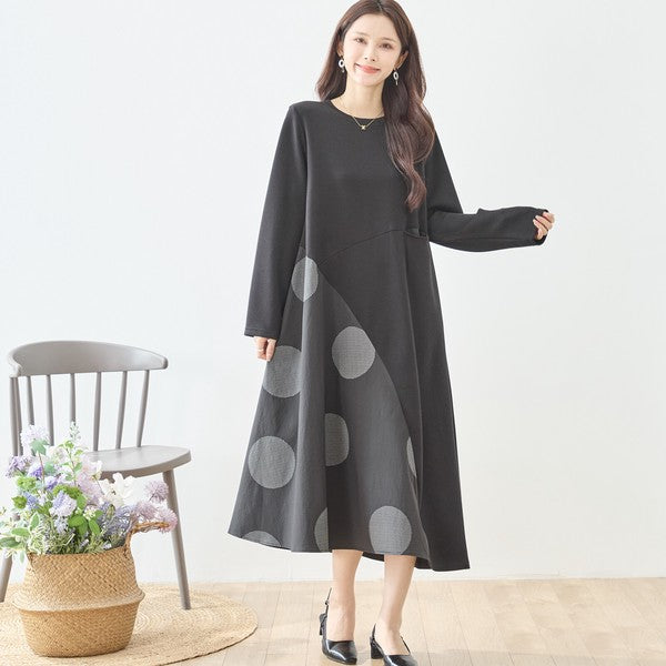 アシンメトリー ドット柄 切替ワンピース 長袖 フレア ゆったり 体型