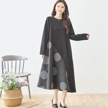アシンメトリー ドット柄 切替ワンピース 長袖 フレア ゆったり 体型カバー
