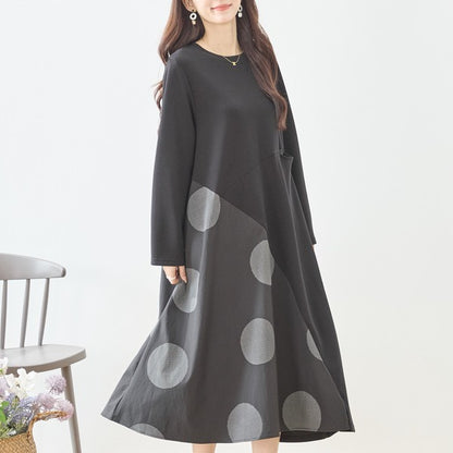 アシンメトリー ドット柄 切替ワンピース 長袖 フレア ゆったり 体型カバー