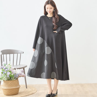 アシンメトリー ドット柄 切替ワンピース 長袖 フレア ゆったり 体型カバー