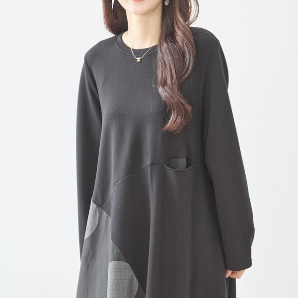 アシンメトリー ドット柄 切替ワンピース 長袖 フレア ゆったり 体型カバー