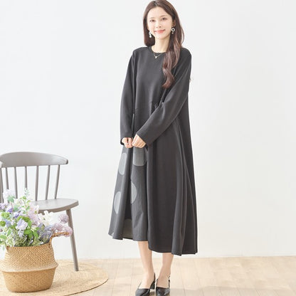 アシンメトリー ドット柄 切替ワンピース 長袖 フレア ゆったり 体型カバー