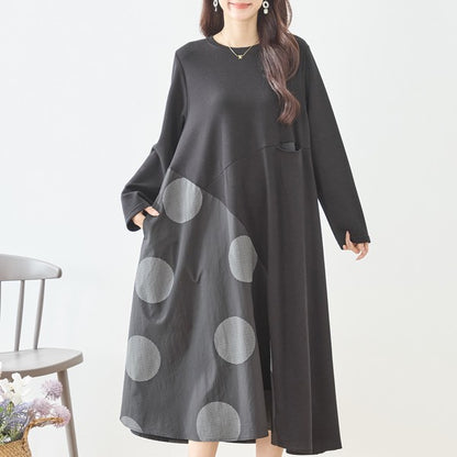 アシンメトリー ドット柄 切替ワンピース 長袖 フレア ゆったり 体型カバー