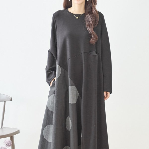 アシンメトリー ドット柄 切替ワンピース 長袖 フレア ゆったり 体型カバー