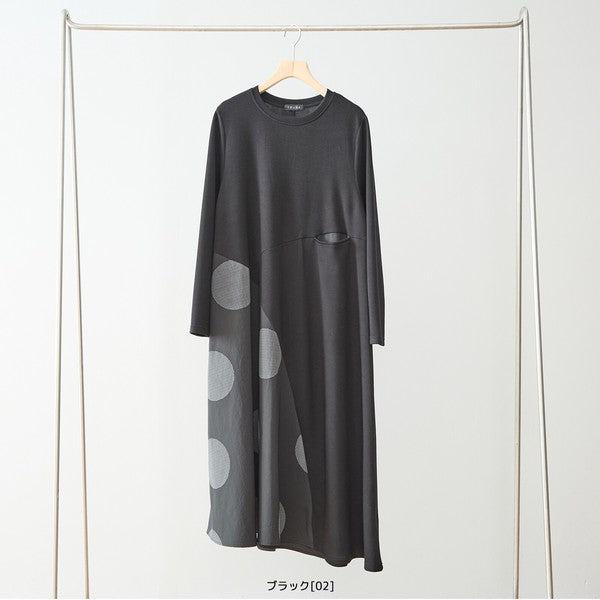 アシンメトリー ドット柄 切替ワンピース 長袖 フレア ゆったり 体型
